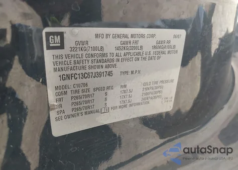 2007 Chevrolet Tahoe Ls z USA, uszkodzony, nr VIN 1GNFC13C67J391745